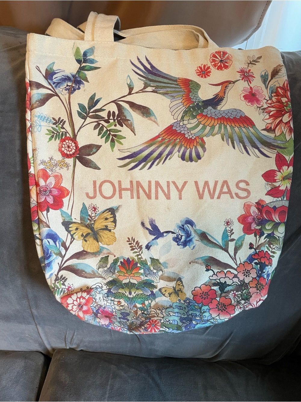 Johnny Was Cream Floral Canvas Tote Bag